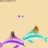 Two stylized dolphin figures with human riders on a pale yellow background, one purple and one cyan.