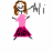 Pixelated stick figure with brown hair wears pink top and dark pink skirt, holding speech bubbles reading 'Hi', 'Me', 'You', and 'Oh well lets learn to move'