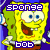 A 2x2 contact sheet of four animated frames featuring a yellow cartoon sponge character with blue eyes, white shirt, brown pants, and red tie against a purple background, each frame displaying the text "sponge" above and "bob" below in pixelated font.
