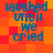 Four identical pixelated text on a red-orange checkered background, each displaying "laughed until we cried" in blue lettering