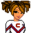 Pixel art cheerleader in white and brown uniform with red chevron, C logo on chest, two ponytails, holding pom-poms.