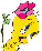 Pixelated yellow bird-like figure with pink flower on head, green stem and leaves to left, blue accents on body.