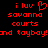 Red pixelated text on black background with two side-by-side versions of the phrase 'i luv savanna courts and toyboy!' where left version includes a heart symbol replacing 'l' in 'luv'.