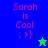 Pixelated text 'Sarah is Cool :)' with a star symbol on blue and green backgrounds, transitioning between two color schemes.