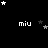Black background with white 'miu' text repeated in , scattered white and gray stars in various positions, and a gray rectangular shape in the bottom-right corner