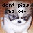Pixelated image of a white cat with dark patches over eyes and nose, overlaid with black pixelated text reading 'dont piss me off' against a brown gradient background.