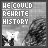 Black-and-white animated icon with text "WE COULD REWRITE HISTORY" above a stylized figure holding an object against a cloudy background.