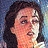 Pixelated close-up of a person with dark hair and light skin, showing partial facial features against a blue-toned background.