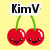 Two pixelated cherry icons with smiling faces, each with green stems and white highlights, under a 'KimV' text banner that changes from white background to black background.