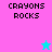 Pixelated text 'CRAYONS ROCKS' on four colored backgrounds with two star icons in different positions.