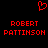 Red pixelated heart symbol above two identical red text blocks reading ROBERT PATTINSON on black background.
