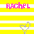 Yellow background with white horizontal stripes, pink pixelated text reading RACHEL, and a gray heart outline in the bottom right.