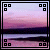 Pixelated landscape with purple-pink gradient sky and dark water reflection, four black square corner markers, green text appearing sequentially across frames.