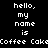 Pixelated text displays 'hello, my name is Coffee Cake' across four colored quadrants: black top-left, purple top-right, pink bottom-left, and dark purple bottom-right.