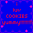 Blue background with pink stars and red text reading 'i luv COOKIES yummy!!!!!!!!' in pixelated font, repeated across four identical quadrants.