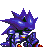 Pixelated blue character with spiky hair and white armor, shown in three sequential poses against gray background.
