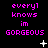 Pixelated text with pink 'every1 knows in GORGEOUS' text and white star/symbol animations on black background
