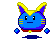 Blue cartoon character with yellow-tipped ears and pink cheeks, shown in nine pixelated poses on gray background.