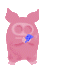A 4-frame animated contact sheet of a pink cartoon pig mascot holding a blue object with colorful particle effects across frames.