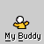 Pixelated yellow figure with white spherical head and outstretched arms, under "My Buddy" text, with hand interactions across frames.