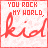 identical square icons with red text 'YOU ROCK MY WORLD' and a large cursive 'kid' on a light pink background, each icon displaying different color variations in the top text