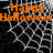 Animated Halloween-themed icon with orange text over a black-and-white spiderweb background, showing partial and full text displays.