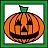 Pixelated orange pumpkin with carved black eyes, nose, and mouth, green stem, and white background framed by green border.