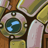 Pixel art of a mechanical device with circular lens, metallic plates, and wooden background elements.