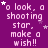 Purple background with repeated white text 'o look, a shooting star, make a wish!!' and scattered white stars.