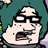 Pixelated cartoon character with large black glasses, open mouth showing teeth and tongue, teal background.