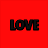 Red background with black 'LOVE' text on left; pixelated green and blue shape with red accents on right.