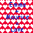 Red background with white heart pattern, blue text reading "Emma + Maurice = Love" repeated twice in a