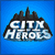 Four pixelated display variations of 'CITY HEROES' text and a green armored character against blue backgrounds