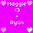 Pixelated icon with bright pink background displaying 'Maggie' and 'Ryan' text, heart symbols in white and light purple, plus signs, and a '<3' symbol.