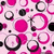 Pink, black, and white circular patterns on a light pink background with a solid gray rectangle in the bottom right corner.