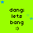 Bright green background with repeated text "dang: lets bang :)" and scattered blue and light blue stars in a pattern