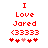 Red pixelated text reads 'I Love Jared <3333' with five heart symbols below, where the third heart is pink and the rest are red.