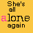 Animated contact sheet showing five frames of a pixel art icon with yellow background and text "She's all alone again" featuring pink heart symbols in different positions across frames.