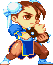 Pixel art character in blue and brown outfit with white hair accessory, shown in multiple poses against gray background.