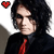 Pixelated static image of a person with long dark hair wearing a black shirt and red tie, accompanied by a small red heart symbol in the top-left corner.