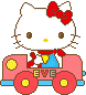 Hello Kitty character with red bow driving pink vehicle with yellow wheels and blue accents, four variations showing different facial expressions and text on vehicle.