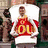 A pixelated image of a person in a red jersey holding a sign with 'OU' on it, set against a blue background with text reading 'Justin is so right for me!!!'