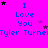 A bright pink background displays repeated text "I Love You" and "Tyler Turner" with scattered black and purple stars.