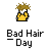 Animated contact sheet of a yellow stick figure with messy brown hair performing various actions under the text "Bad Hair Day" on gray background.