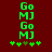 Green pixelated text 'Go MJ' stacked vertically on a dark red background with green asterisks below, two identical static frames side-by-side.