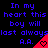 Blue pixelated text repeats 'In my heart this boy will last always A.A.' across a black background with red triangular shapes containing hearts.