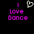Pixelated icon with black background, pink vertical lines above 'Love Dance' text, and white heart symbol between two identical sections.