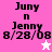 Pixelated text displays 'Jyny n Jenny 8/28/08' with a star symbol; background alternates between pink and white across four