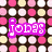 Pixelated icon with pink and white text over a polka-dot background of pink, white, and yellow circles on brown.