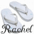 Pixelated icon shows two light blue flip-flops with gray straps against white background, below stylized black script text.